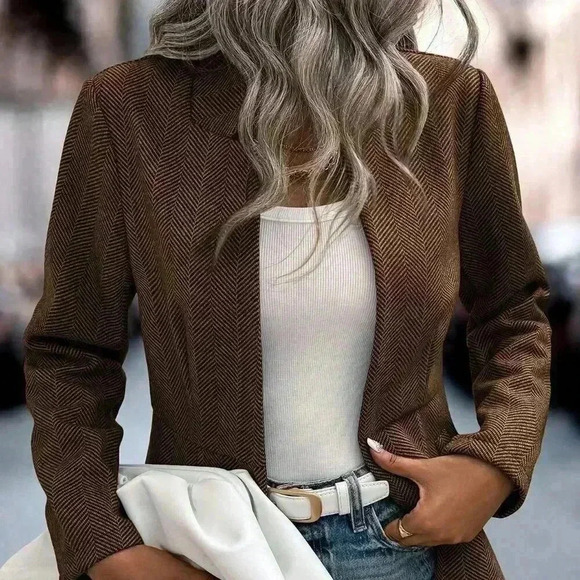 Coffee Brown Casual Women's Herringbone Pattern Long Sleeve Overcoat - Picture 3 of 7